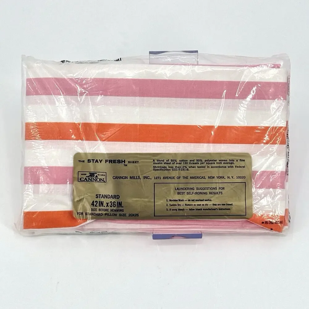 Vintage Cannon Monticello Pillowcases Pink Orange Stripe NOS 2 USA Standard 70s